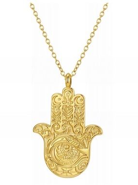 Hamsa Hand Evil Eye 18K Gold Plated Pendant Stainless Steel Necklace